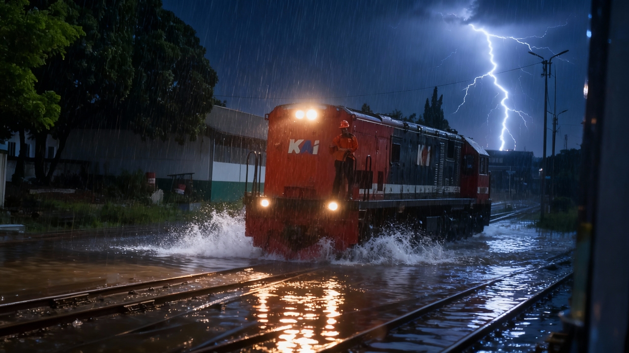 Lokomotif merah menembus banjir